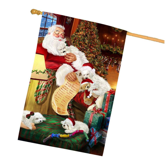 Bichon Frise Dog and Puppies Sleeping with Santa House Flag