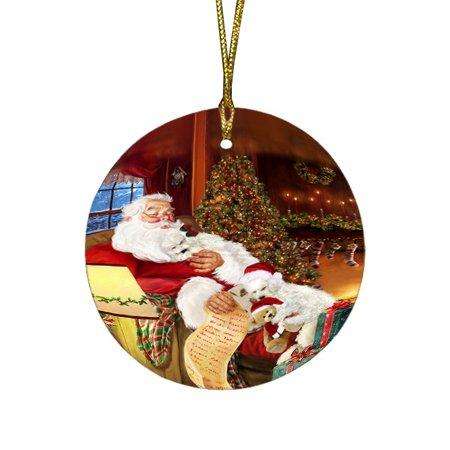 Bichon Frise Dog and Puppies Sleeping with Santa Round Christmas Ornament D400