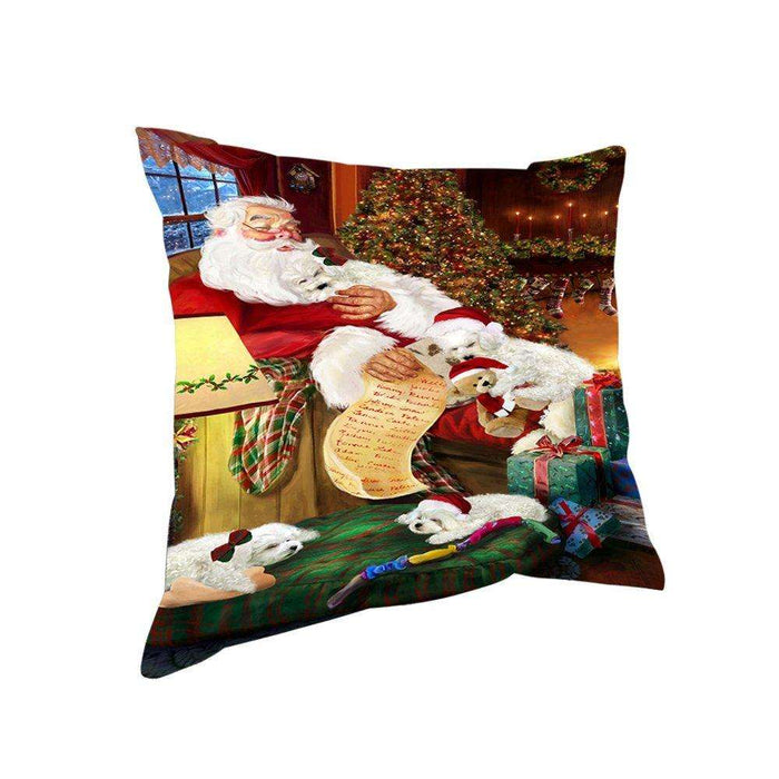 Bichon Frise Dog and Puppies Sleeping with Santa Throw Pillow