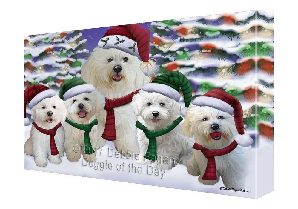 Bichon Frise Dog Christmas Family Portrait in Holiday Scenic Background Canvas Wall Art