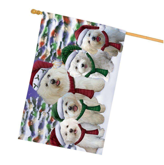Bichon Frise Dog Christmas Family Portrait in Holiday Scenic Background House Flag