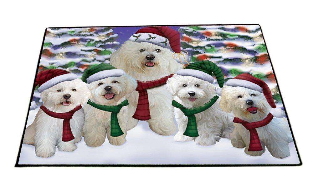 Bichon Frise Dog Christmas Family Portrait in Holiday Scenic Background Indoor/Outdoor Floormat