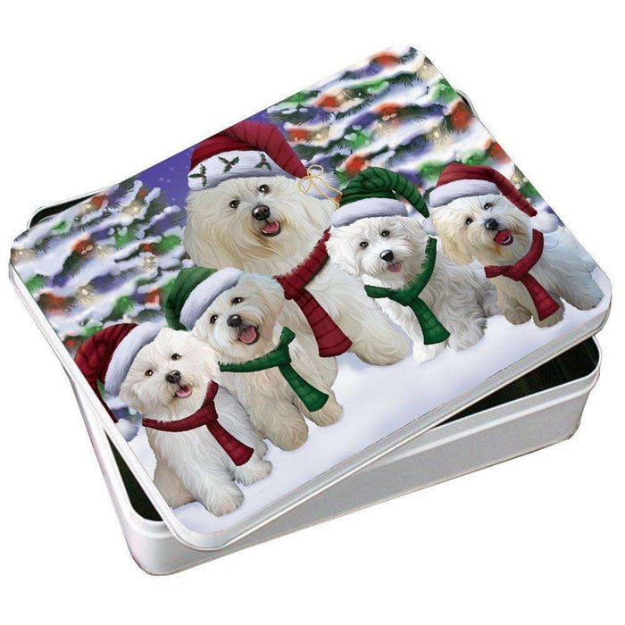 Bichon Frise Dog Christmas Family Portrait in Holiday Scenic Background Photo Storage Tin