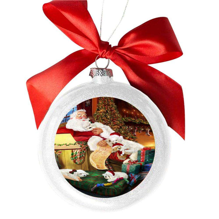 Bichon Frises Dog and Puppies Sleeping with Santa White Round Ball Christmas Ornament WBSOR49249