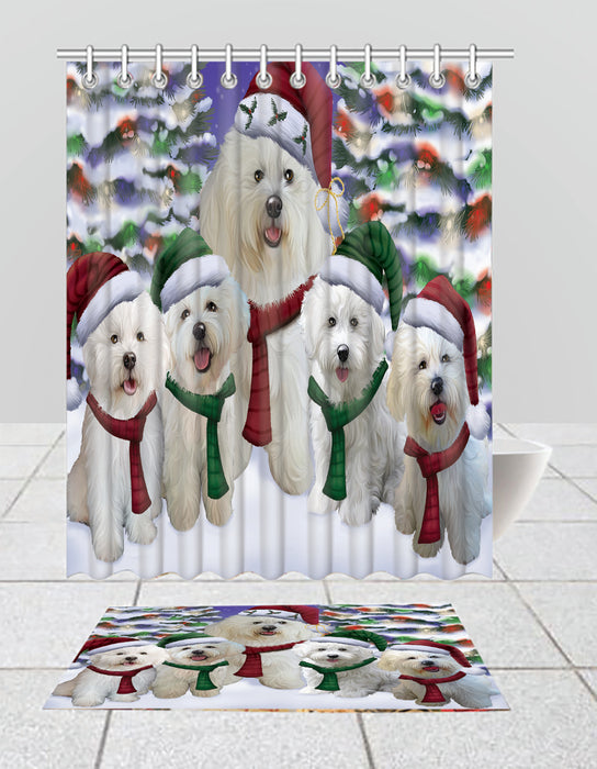 Bichon Frise Dogs Christmas Family Portrait in Holiday Scenic Background  Bath Mat and Shower Curtain Combo