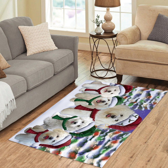 Bichon Frise Dogs Christmas Family Portrait in Holiday Scenic Background Area Rug
