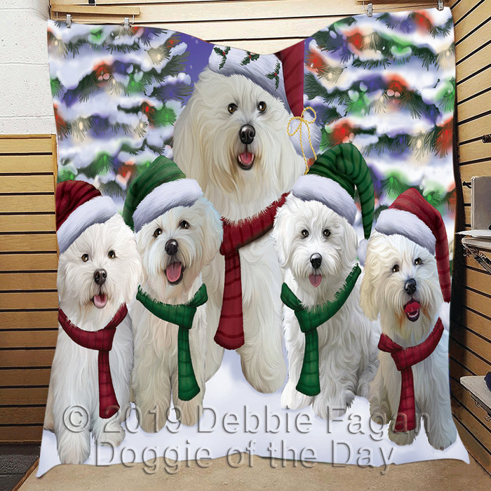Bichon Frise Dogs Christmas Family Portrait in Holiday Scenic Background Quilt