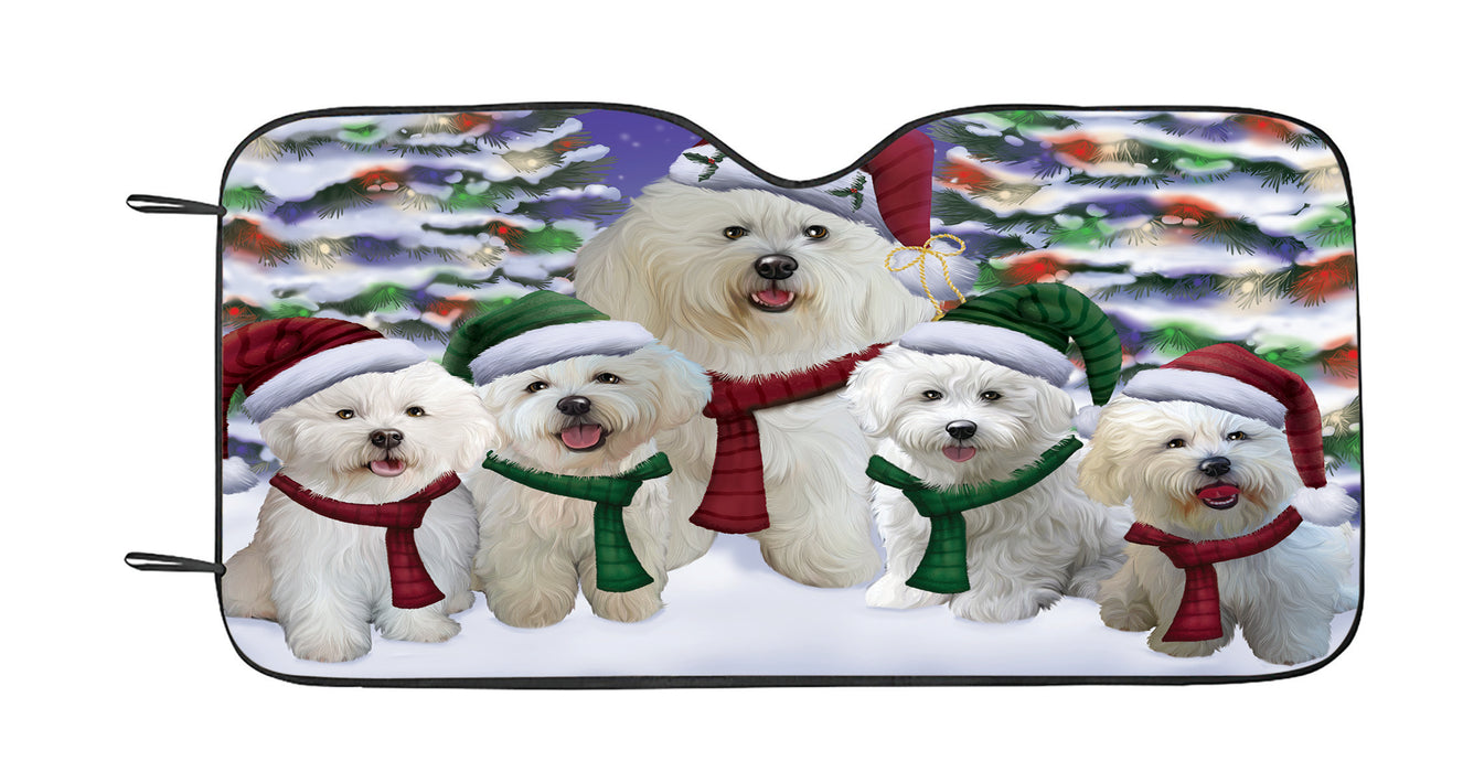 Bichon Frise Dogs Christmas Family Portrait in Holiday Scenic Background Car Sun Shade