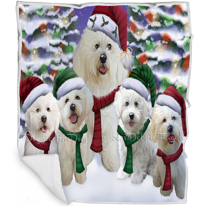 Bichon Frise Dog Christmas Family Portrait in Holiday Scenic Background Art Portrait Print Woven Throw Sherpa Plush Fleece Blanket