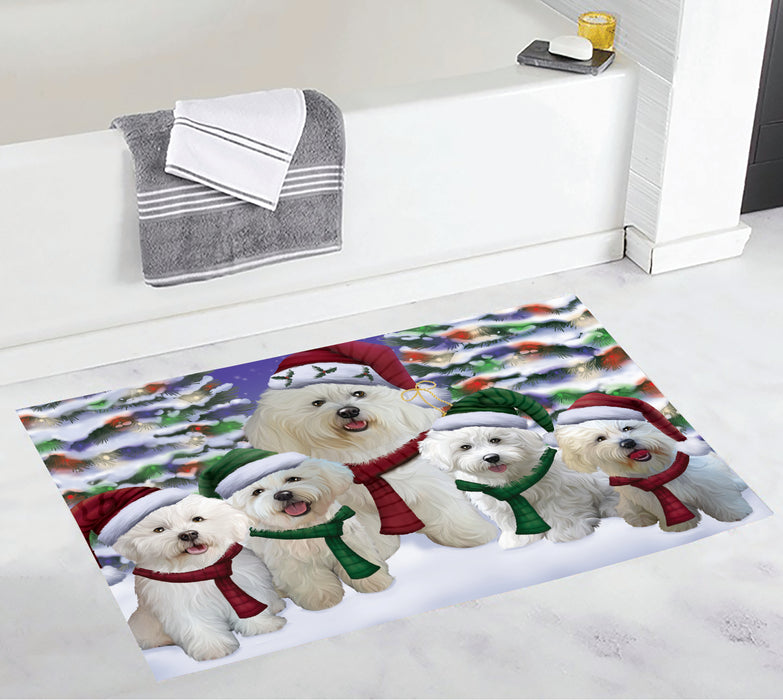 Bichon Frise Dogs Christmas Family Portrait in Holiday Scenic Background Bath Mat