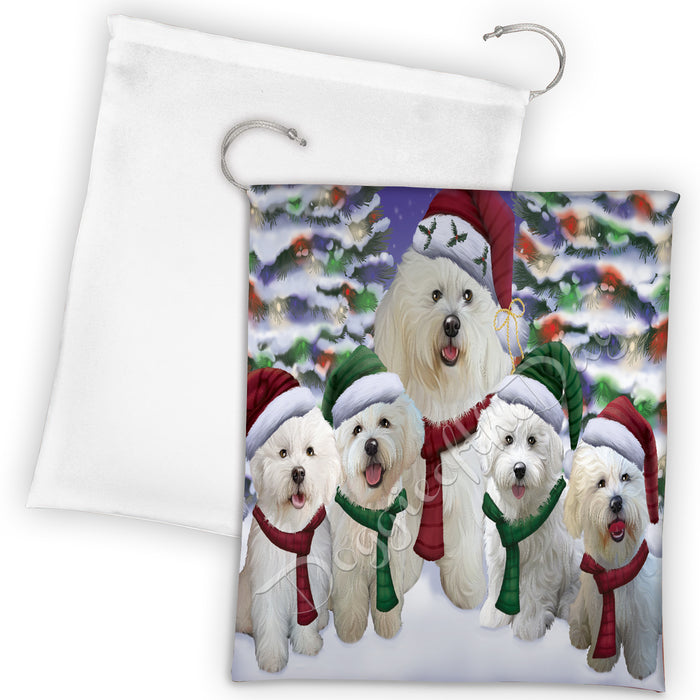 Bichon Frise Dogs Christmas Family Portrait in Holiday Scenic Background Drawstring Laundry or Gift Bag LGB48117