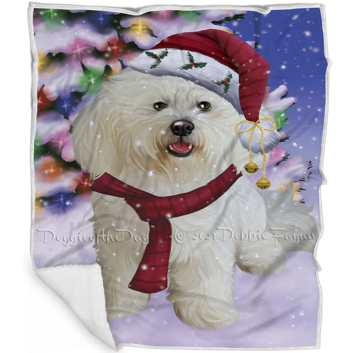 Winterland Wonderland Bichon Frise Dog In Christmas Holiday Scenic Background Blanket