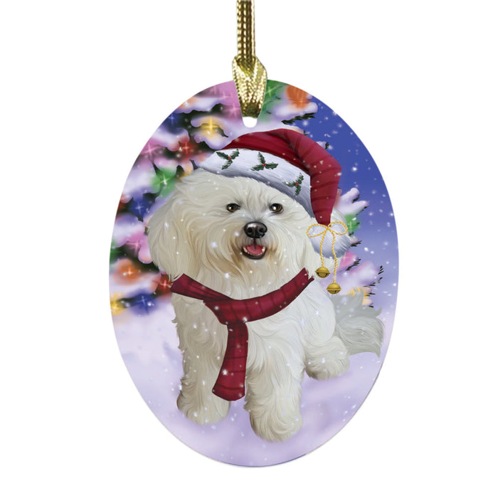 Winterland Wonderland Bichon Frise Dog In Christmas Holiday Scenic Background Oval Glass Christmas Ornament OGOR49520