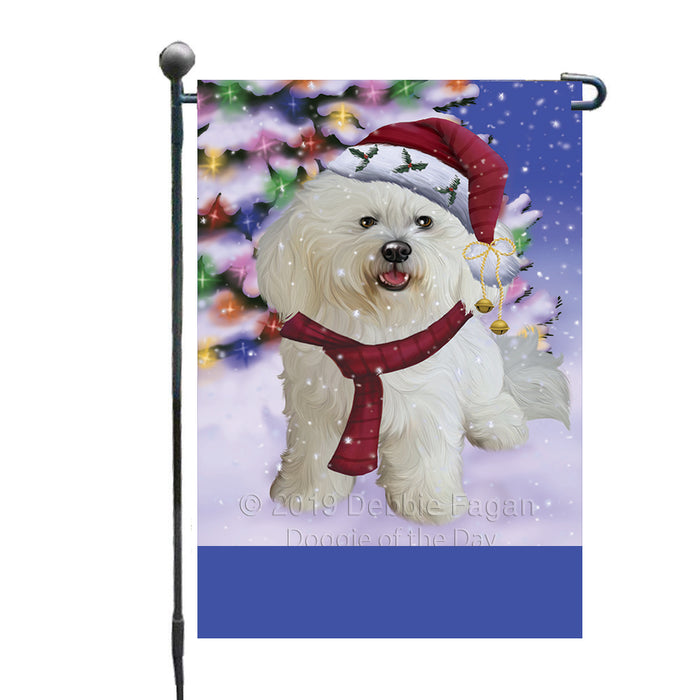 Personalized Winterland Wonderland Bichon Frise Dog In Christmas Holiday Scenic Background Custom Garden Flags GFLG-DOTD-A61238
