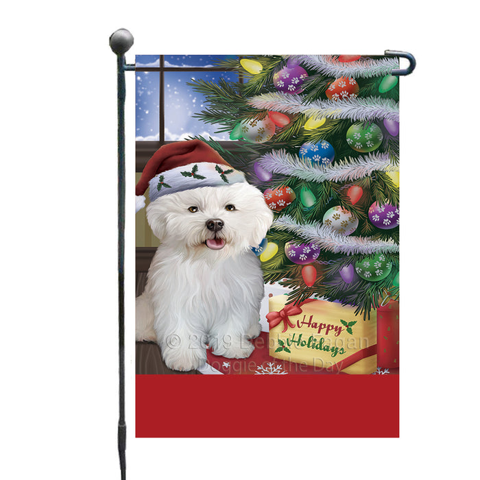 Personalized Christmas Happy Holidays Bichon Frise Dog with Tree and Presents Custom Garden Flags GFLG-DOTD-A58597