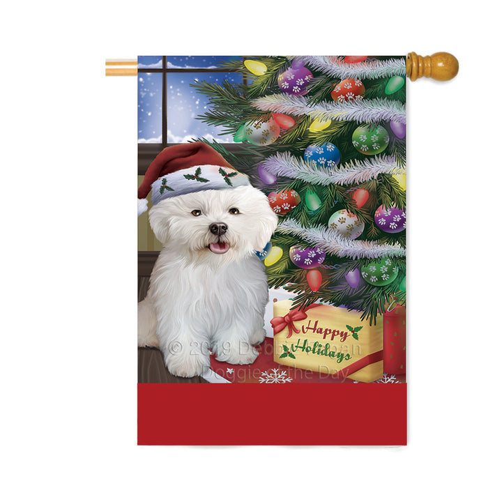 Personalized Christmas Happy Holidays Bichon Frise Dog with Tree and Presents Custom House Flag FLG-DOTD-A58653