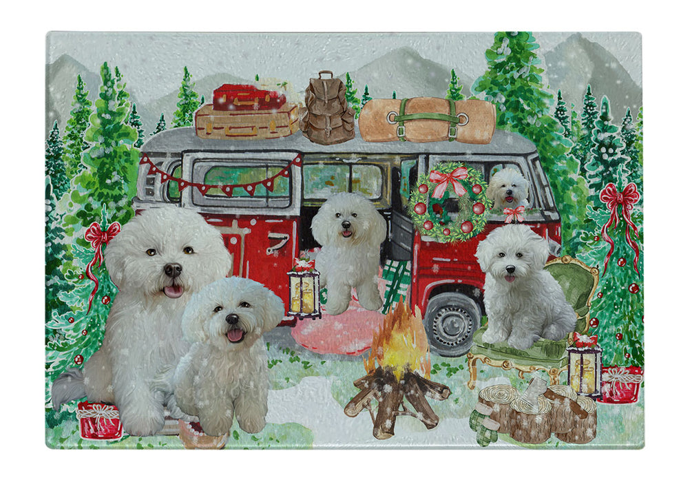 Christmas Time Camping with Bichon Frise Dogs Cutting Board - For Kitchen - Scratch & Stain Resistant - Designed To Stay In Place - Easy To Clean By Hand - Perfect for Chopping Meats, Vegetables