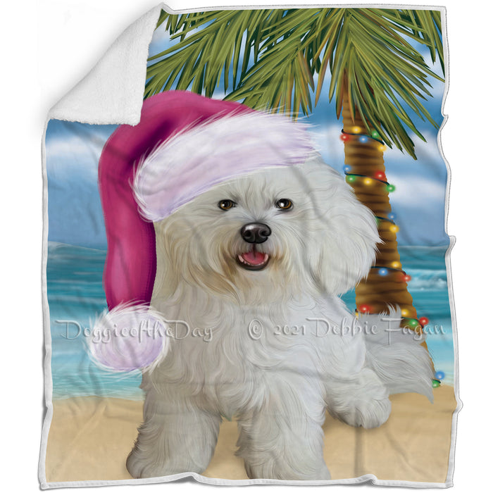 Summertime Happy Holidays Christmas Bichon Frise Dog on Tropical Island Beach Blanket