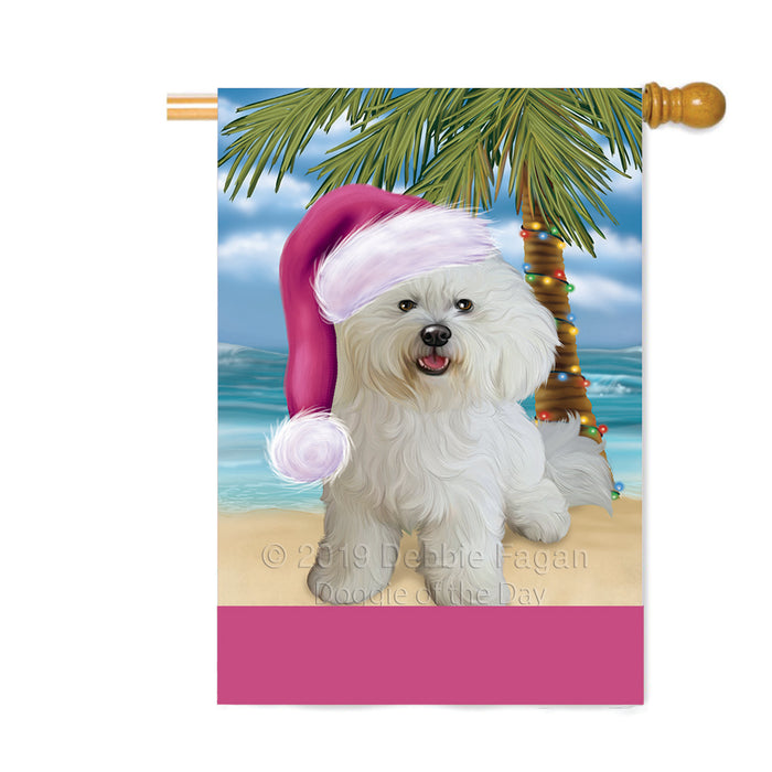 Personalized Summertime Happy Holidays Christmas Bichon Frise Dog on Tropical Island Beach Custom House Flag FLG-DOTD-A60466