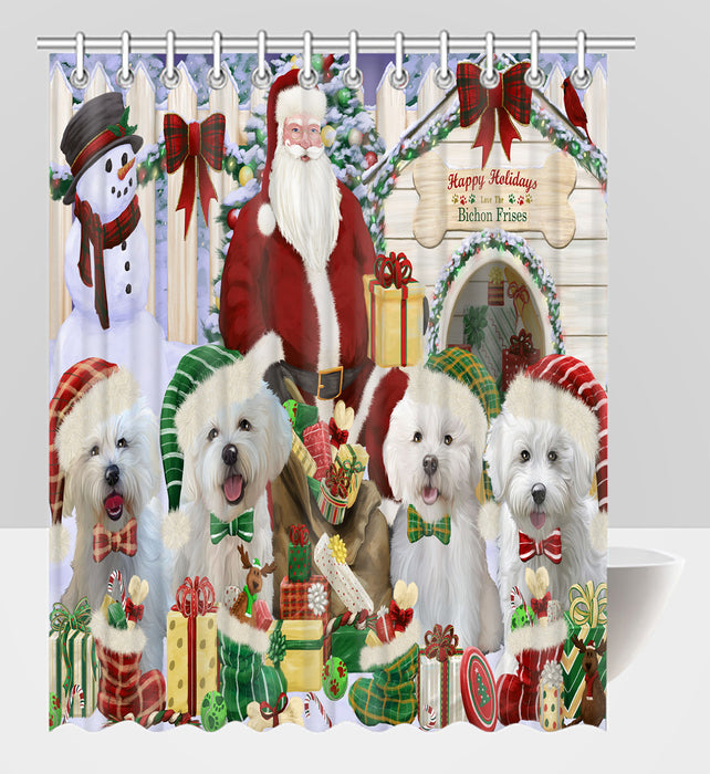 Happy Holidays Christmas Bichon Frise Dogs House Gathering Shower Curtain