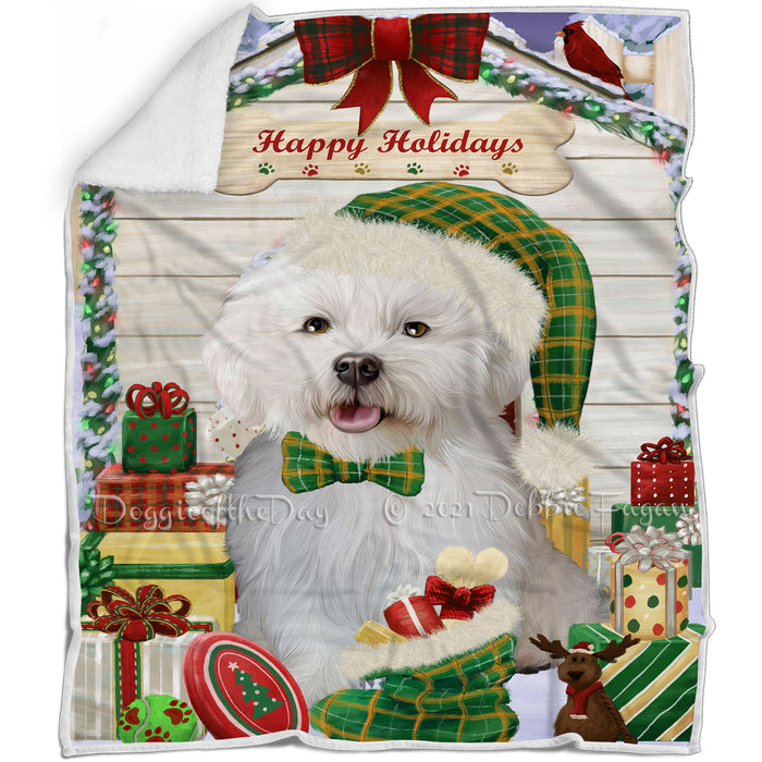 Happy Holidays Christmas Bichon Frise Dog House with Presents Blanket BLNKT78141