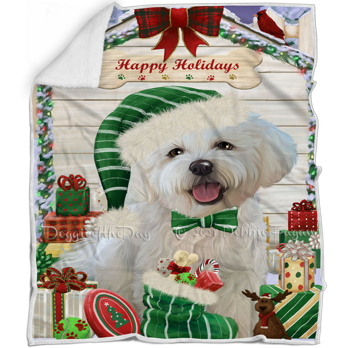 Happy Holidays Christmas Bichon Frise Dog House with Presents Blanket BLNKT78150