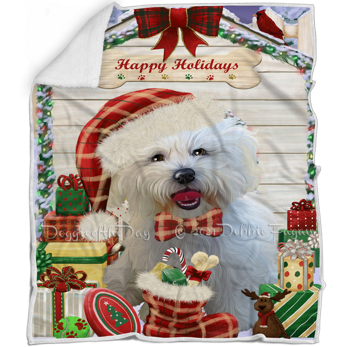 Happy Holidays Christmas Bichon Frise Dog House with Presents Blanket BLNKT78159