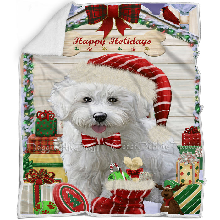 Happy Holidays Christmas Bichon Frise Dog House with Presents Blanket BLNKT78168