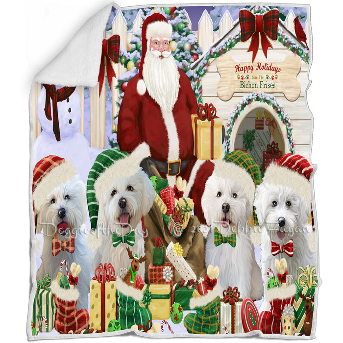 Happy Holidays Christmas Bichon Frises Dog House Gathering Blanket BLNKT77610