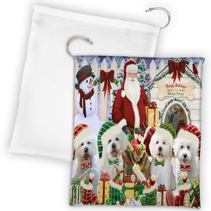 Happy Holidays Christmas Bichon Frise Dogs House Gathering Drawstring Laundry or Gift Bag LGB48020