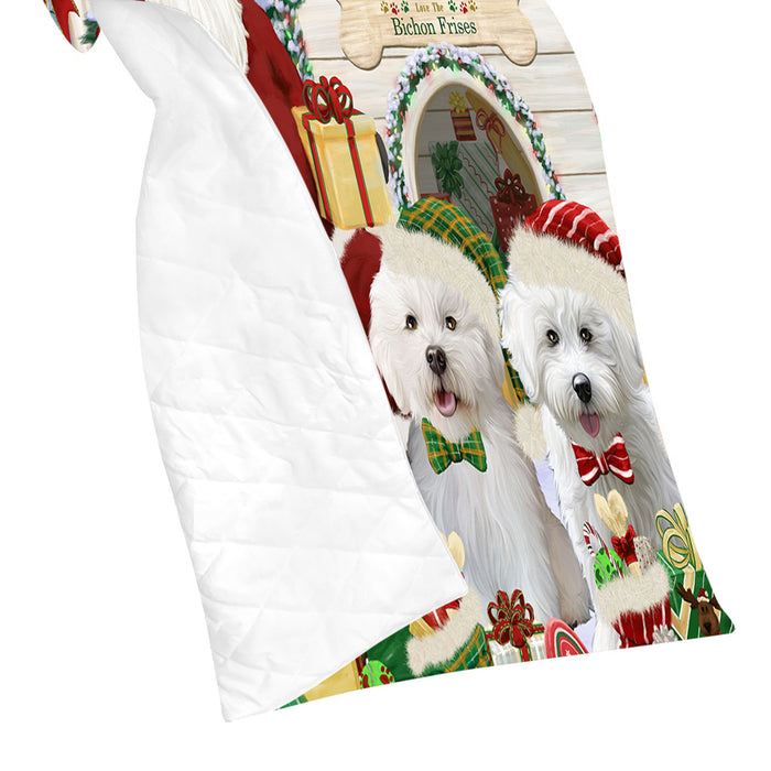 Happy Holidays Christmas Bichon Frise Dogs House Gathering Quilt