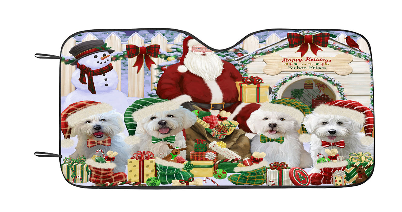 Happy Holidays Christmas Bichon Frise Dogs House Gathering Car Sun Shade