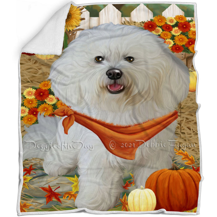 Fall Autumn Greeting Bichon Frise Dog with Pumpkins Blanket BLNKT72264