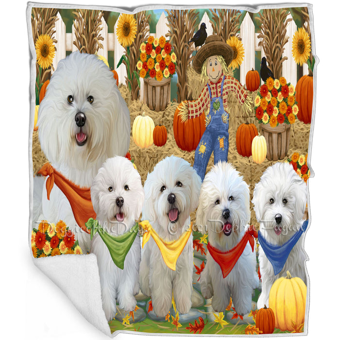 Fall Festive Gathering Bichon Frises Dog with Pumpkins Blanket BLNKT71706