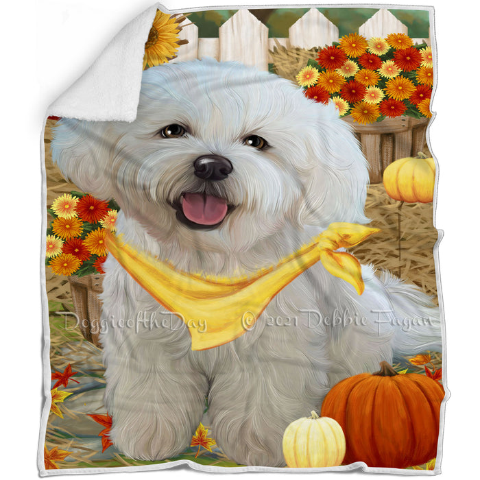 Fall Autumn Greeting Bichon Frise Dog with Pumpkins Blanket BLNKT72273