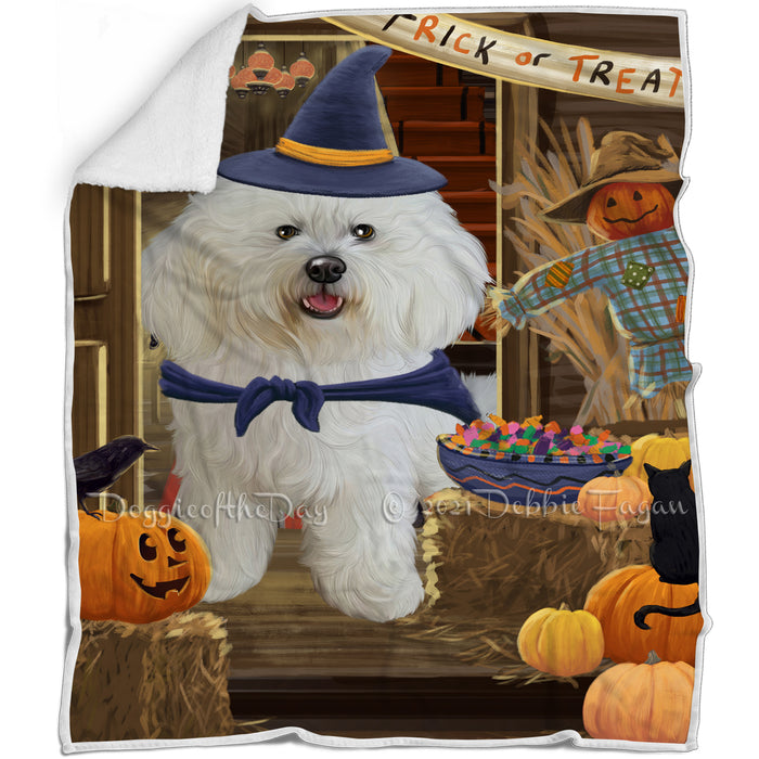 Enter at Own Risk Trick or Treat Halloween Bichon Frise Dog Blanket BLNKT94377