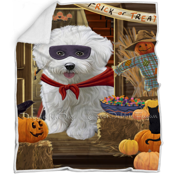 Enter at Own Risk Trick or Treat Halloween Bichon Frise Dog Blanket BLNKT94386