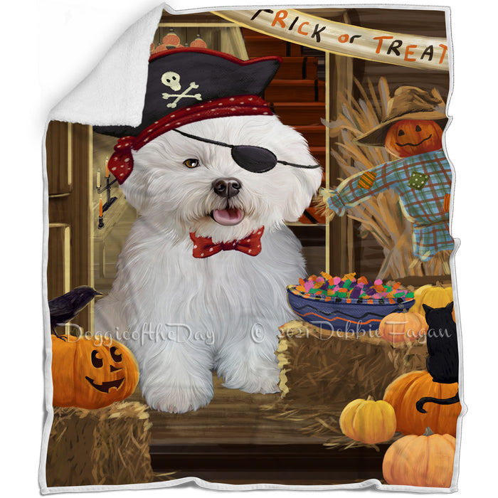 Enter at Own Risk Trick or Treat Halloween Bichon Frise Dog Blanket BLNKT94395