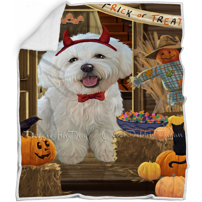 Enter at Own Risk Trick or Treat Halloween Bichon Frise Dog Blanket BLNKT94404