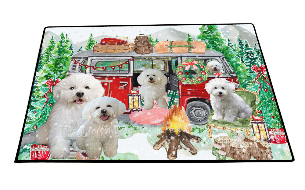 Christmas Time Camping with Bichon Frise Dogs Floor Mat- Anti-Slip Pet Door Mat Indoor Outdoor Front Rug Mats for Home Outside Entrance Pets Portrait Unique Rug Washable Premium Quality Mat