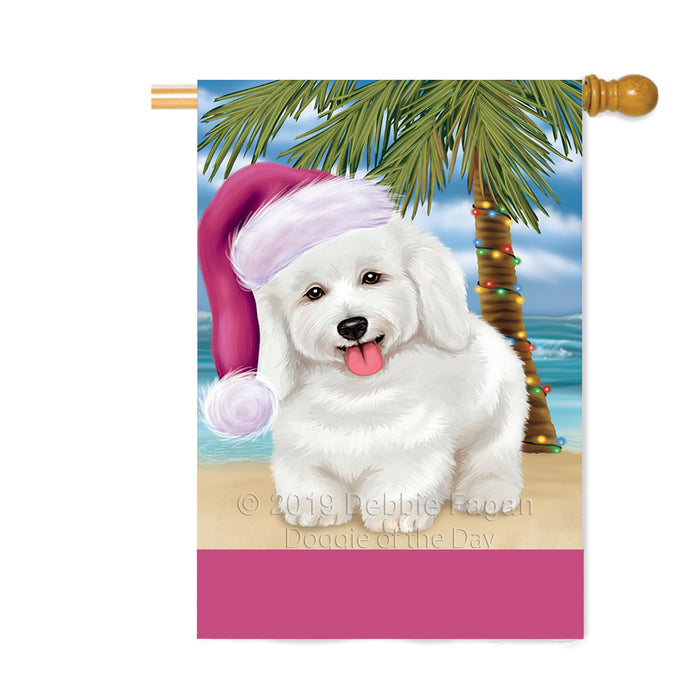 Personalized Summertime Happy Holidays Christmas Bichon Frise Dog on Tropical Island Beach Custom House Flag FLG-DOTD-A60467