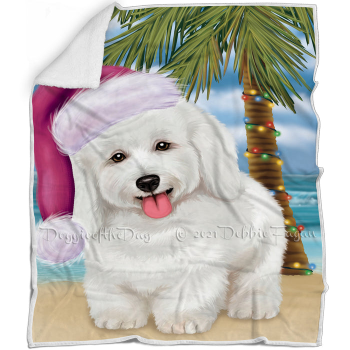 Summertime Happy Holidays Christmas Bichon Frise Dog on Tropical Island Beach Blanket