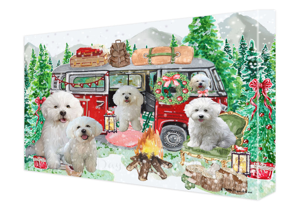Christmas Time Camping with Bichon Frise Dogs Canvas Wall Art - Premium Quality Ready to Hang Room Decor Wall Art Canvas - Unique Animal Printed Digital Painting for Decoration