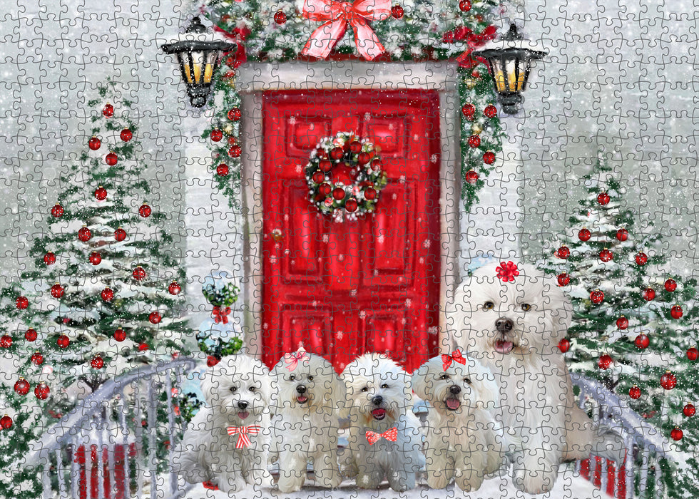 Christmas Holiday Welcome Bichon Frise Dogs Portrait Jigsaw Puzzle for Adults Animal Interlocking Puzzle Game Unique Gift for Dog Lover's with Metal Tin Box