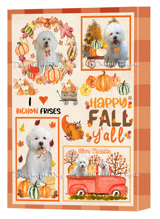 Happy Fall Y'all Pumpkin Bichon Frise Dogs Canvas Wall Art - Premium Quality Ready to Hang Room Decor Wall Art Canvas - Unique Animal Printed Digital Painting for Decoration