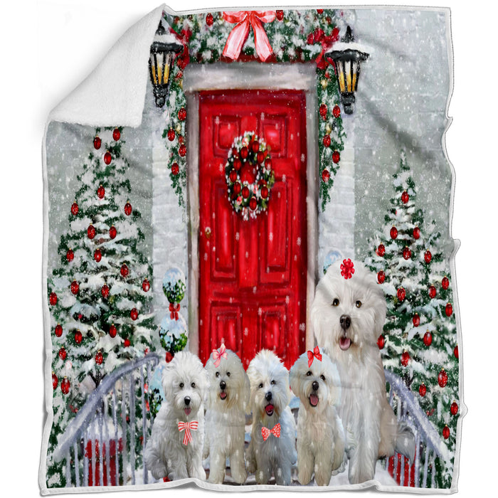 Christmas Holiday Welcome Bichon Frise Dogs Blanket - Lightweight Soft Cozy and Durable Bed Blanket - Animal Theme Fuzzy Blanket for Sofa Couch