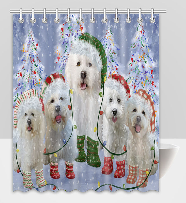 Christmas Lights and Bichon Frise Dogs Shower Curtain Pet Painting Bathtub Curtain Waterproof Polyester One-Side Printing Decor Bath Tub Curtain for Bathroom with Hooks