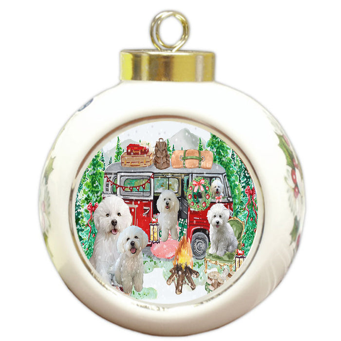 Christmas Time Camping with Bichon Frise Dogs Round Ball Christmas Ornament Pet Decorative Hanging Ornaments for Christmas X-mas Tree Decorations - 3" Round Ceramic Ornament