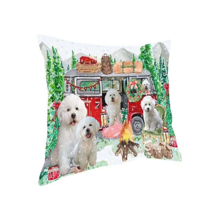 Christmas Time Camping with Bichon Frise Dogs Pillow with Top Quality High-Resolution Images - Ultra Soft Pet Pillows for Sleeping - Reversible & Comfort - Ideal Gift for Dog Lover - Cushion for Sofa Couch Bed - 100% Polyester