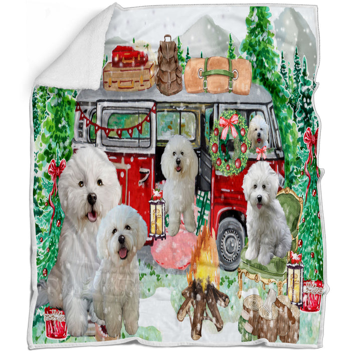 Christmas Time Camping with Bichon Frise Dogs Blanket - Lightweight Soft Cozy and Durable Bed Blanket - Animal Theme Fuzzy Blanket for Sofa Couch